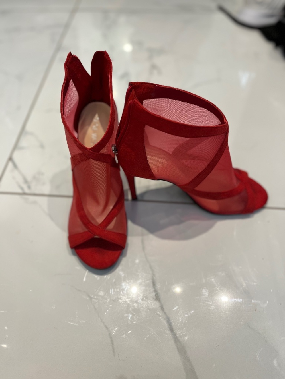 Nine West ankle booty heels red mesh open toe zipper back